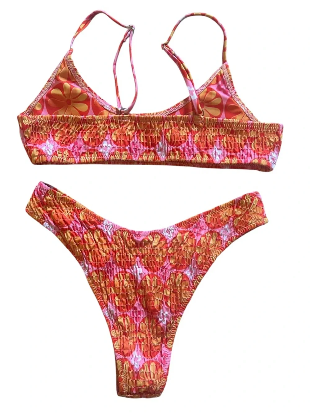 VOLAFA Pink and Orange Floral Smocked Textured Scoop Print Ruched Bikini Set